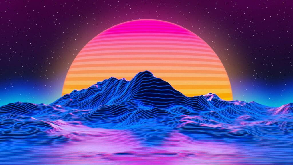 Vaporwave digital art of a pink and orange sunset with mountains in blue waves.